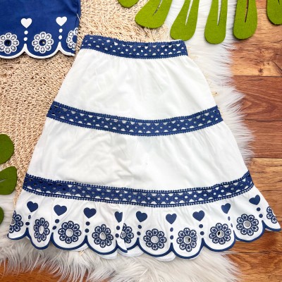 Conj. Regata e Saia Midi com Flores em Lese - Azul